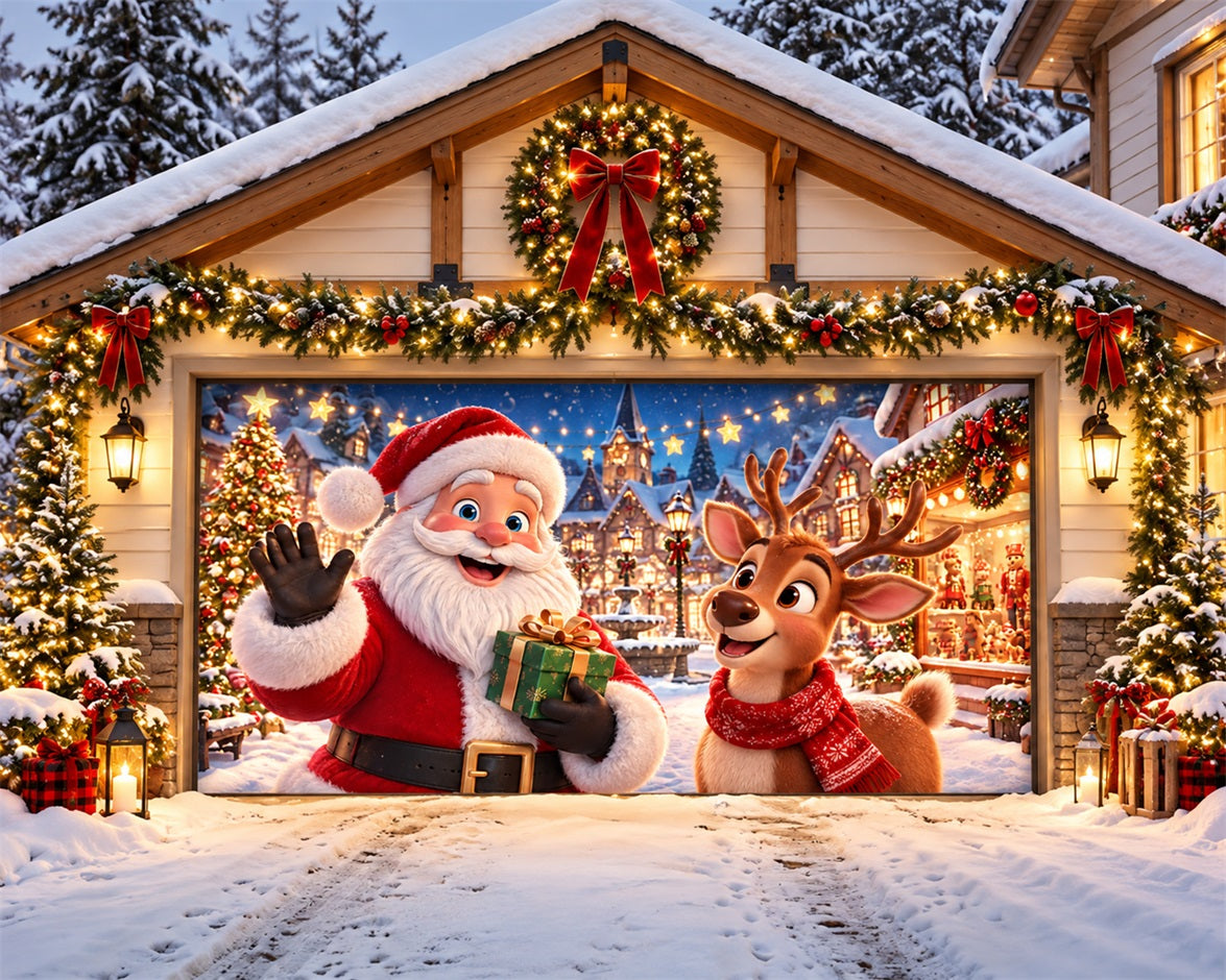 Santa Reindeer Christmas Garage Door Banner Snowy Village Star Christmas Garage Door Banner HQ610-25-2 Car