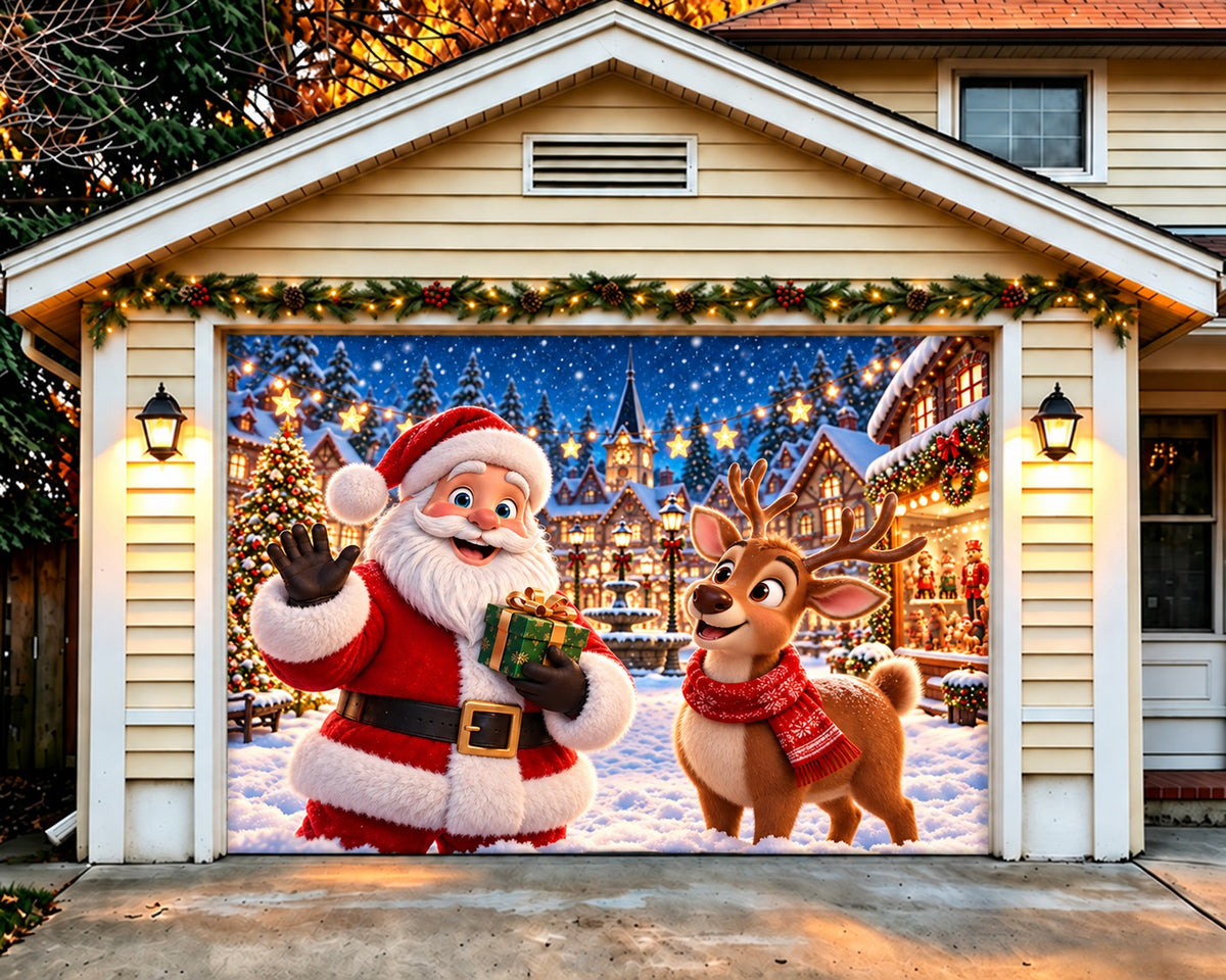 Santa Reindeer Christmas Garage Door Banner Snowy Village Star Christmas Garage Door Banner HQ610-25-1 Car