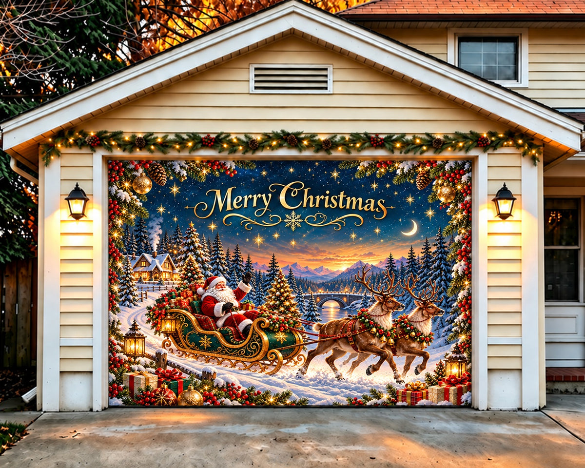 Elk Christmas Garage Door Cover Santa Sleigh Ride Outdoor Christmas Garage Door Decoration HQ610-26-1 Car