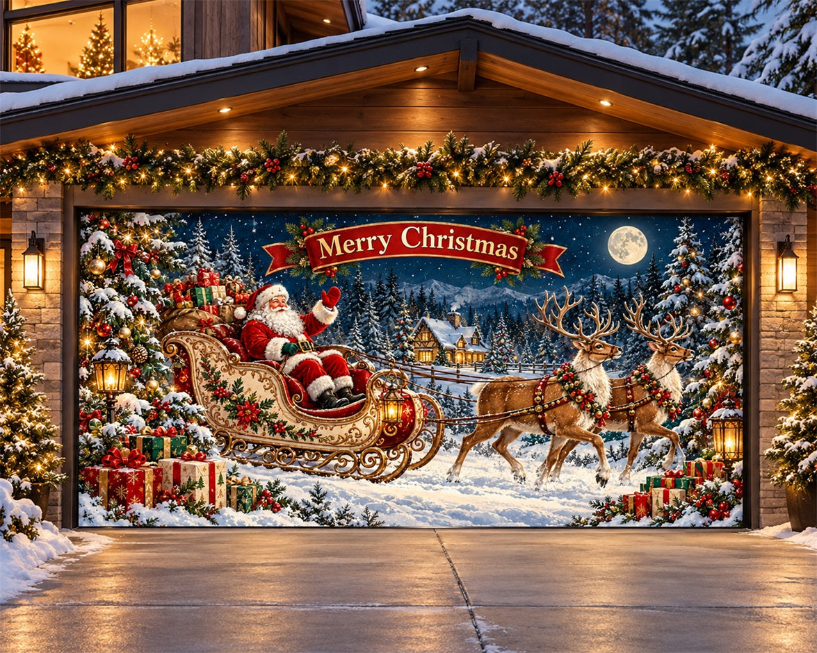 Winter Christmas Garage Door Cover Reindeer Sleigh Village Christmas Garage Door Cover HQ610-31-2 Car