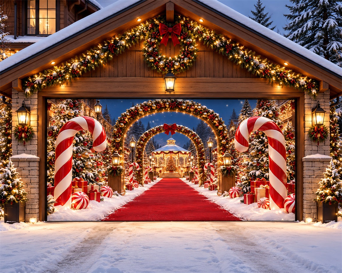 Candy Cane Christmas Garage Door Cover Red Carpet Archway Christmas Garage Door Decor HQ610-33-2 Car