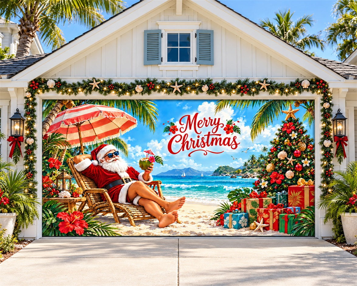 Santa Claus Christmas Garage Door Cover Tropical Sea Beach Outdoor Christmas Garage Door Decoration HQ610-35-2 Car