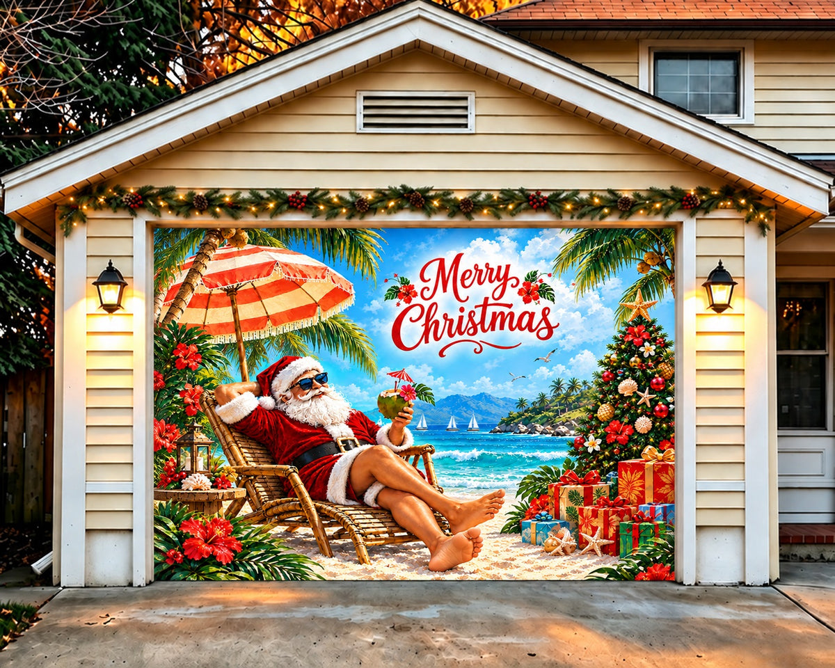 Santa Claus Christmas Garage Door Cover Tropical Sea Beach Outdoor Christmas Garage Door Decoration HQ610-35-1 Car