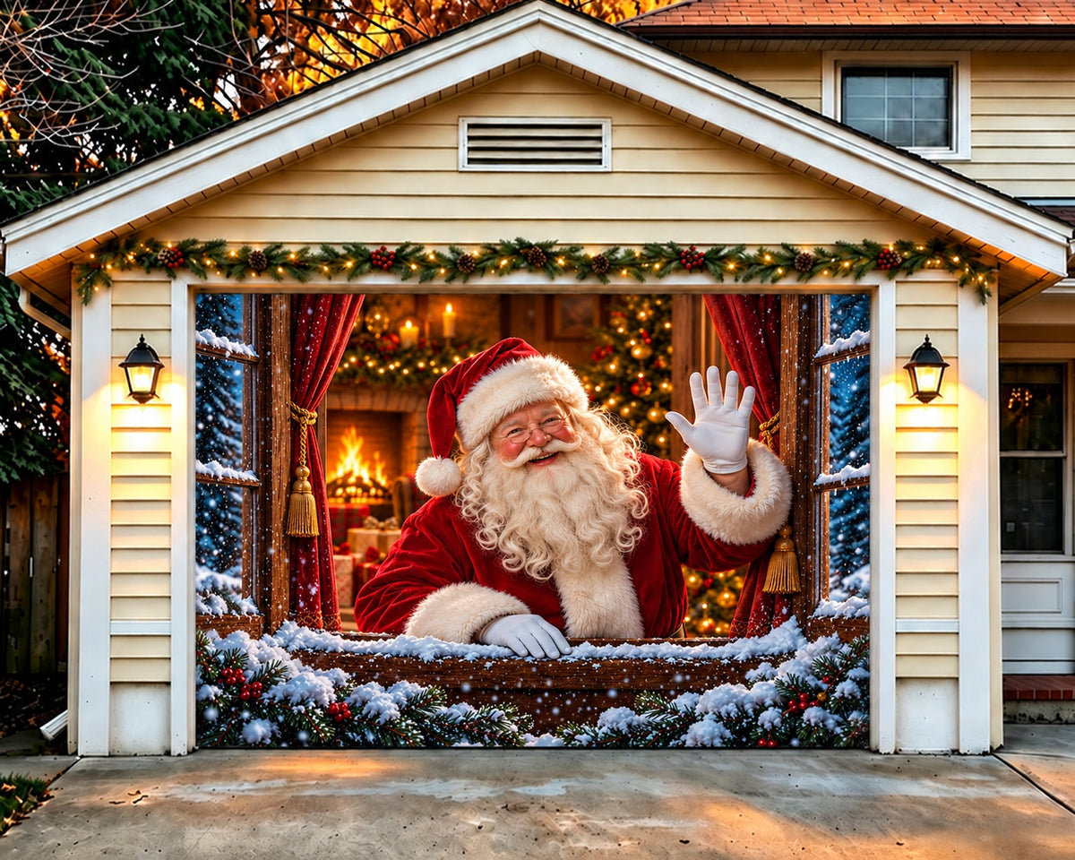Santa Window Christmas Garage Door Cover Snowy Fireplace Greeting Christmas Garage Door Decor HQ610-42-1 Car