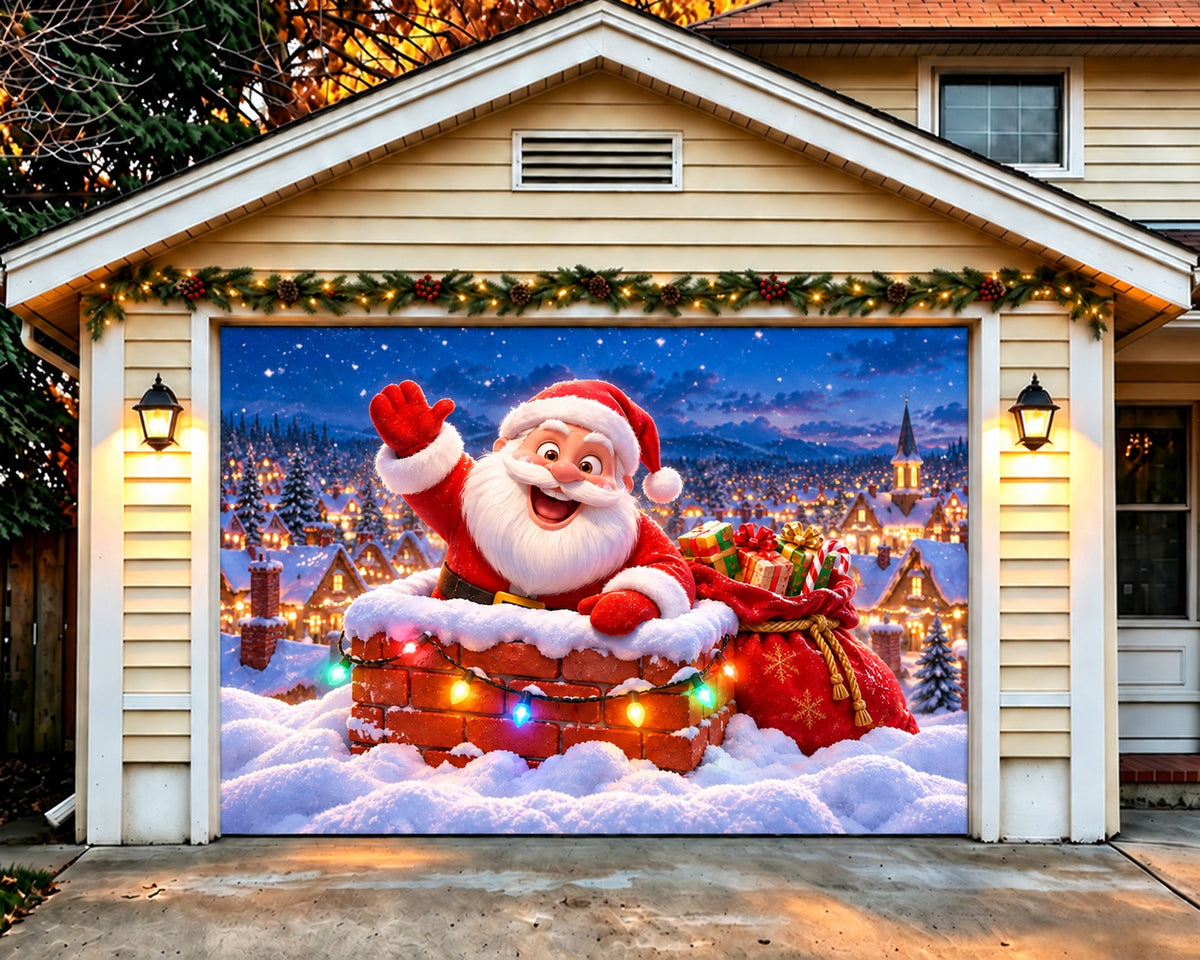 Santa Claus Christmas Garage Door Cover Chimney Arrival Village Christmas Garage Door Banner HQ610-43-1 Car