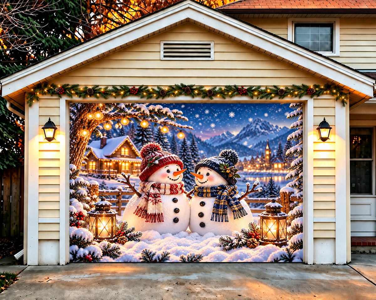 Snowman Christmas Garage Door Cover Village Couple Lanterns Outdoor Christmas Garage Door Decoration HQ610-44-1 Car
