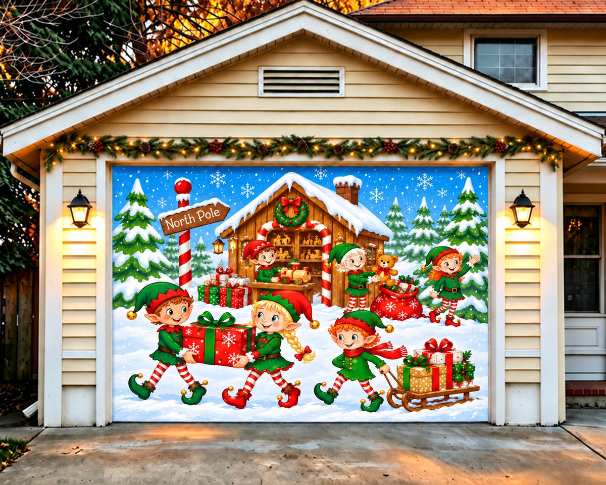 North Pole Christmas Garage Door Cover Snow House Elves Christmas Garage Door Banner Decoration HQ610-48-1 Car