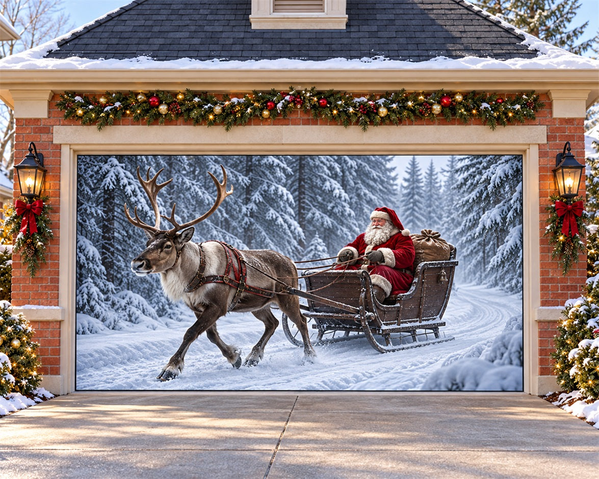 Santa Reindeer Christmas Garage Door Banner Snowy Forest Sleigh Christmas Garage Door Banner HQ610-52-2 Car
