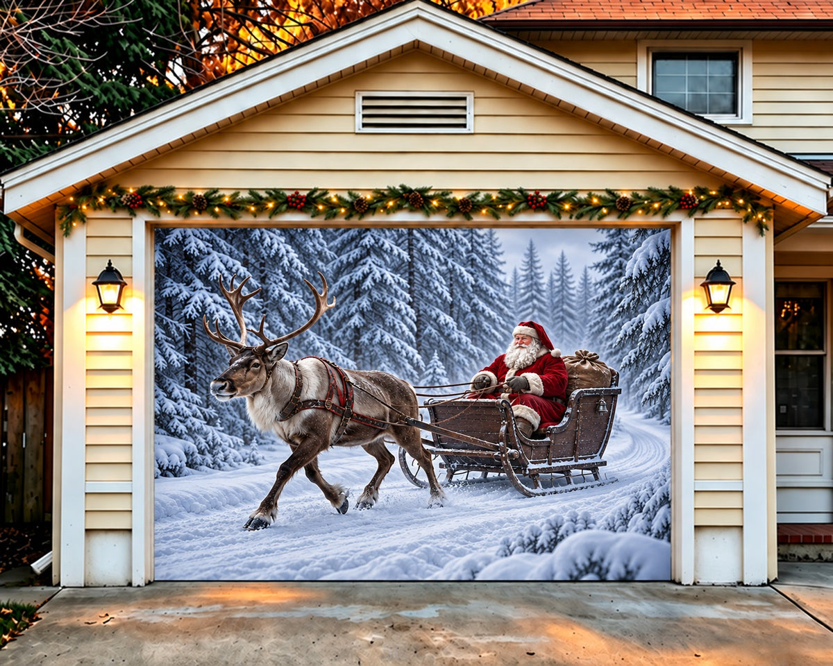 Santa Reindeer Christmas Garage Door Banner Snowy Forest Sleigh Christmas Garage Door Banner HQ610-52-1 Car