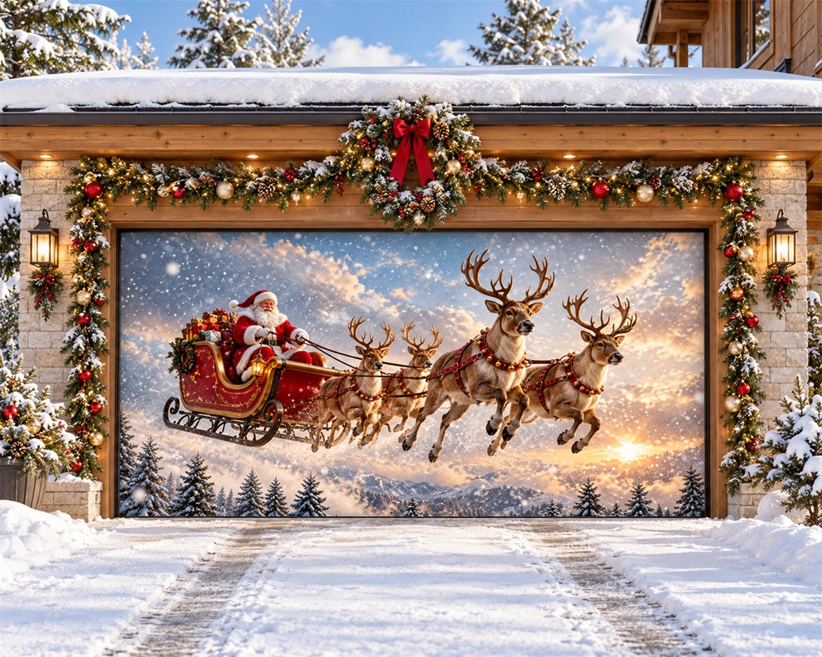 Elk Christmas Garage Door Cover Flying Reindeer Sleigh Outdoor Christmas Garage Door Cover HQ610-54-2 Car