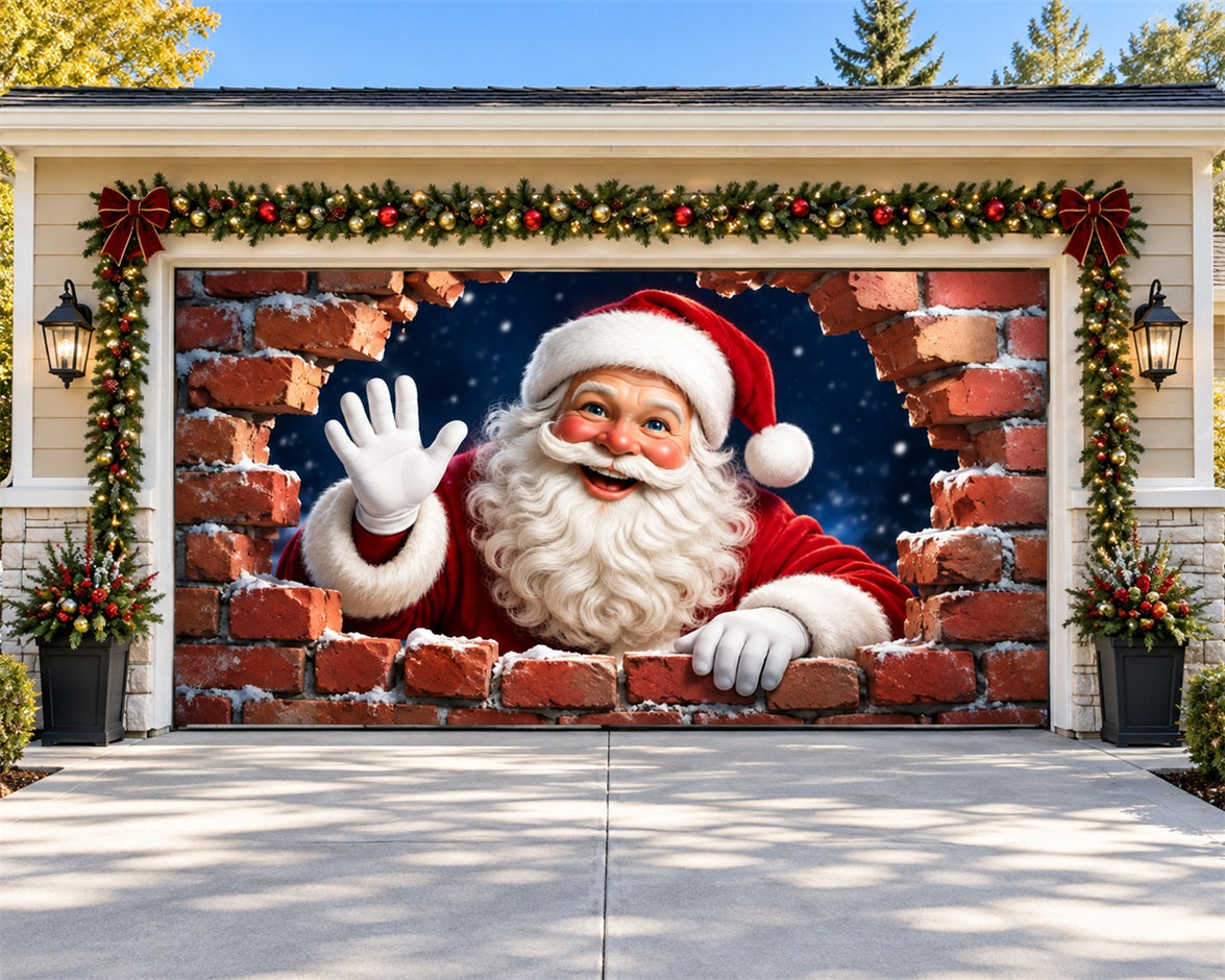 Santa Christmas Garage Door Cover Red Brick Breakthrough Christmas Holiday Garage Door Cover HQ610-55-2 Car