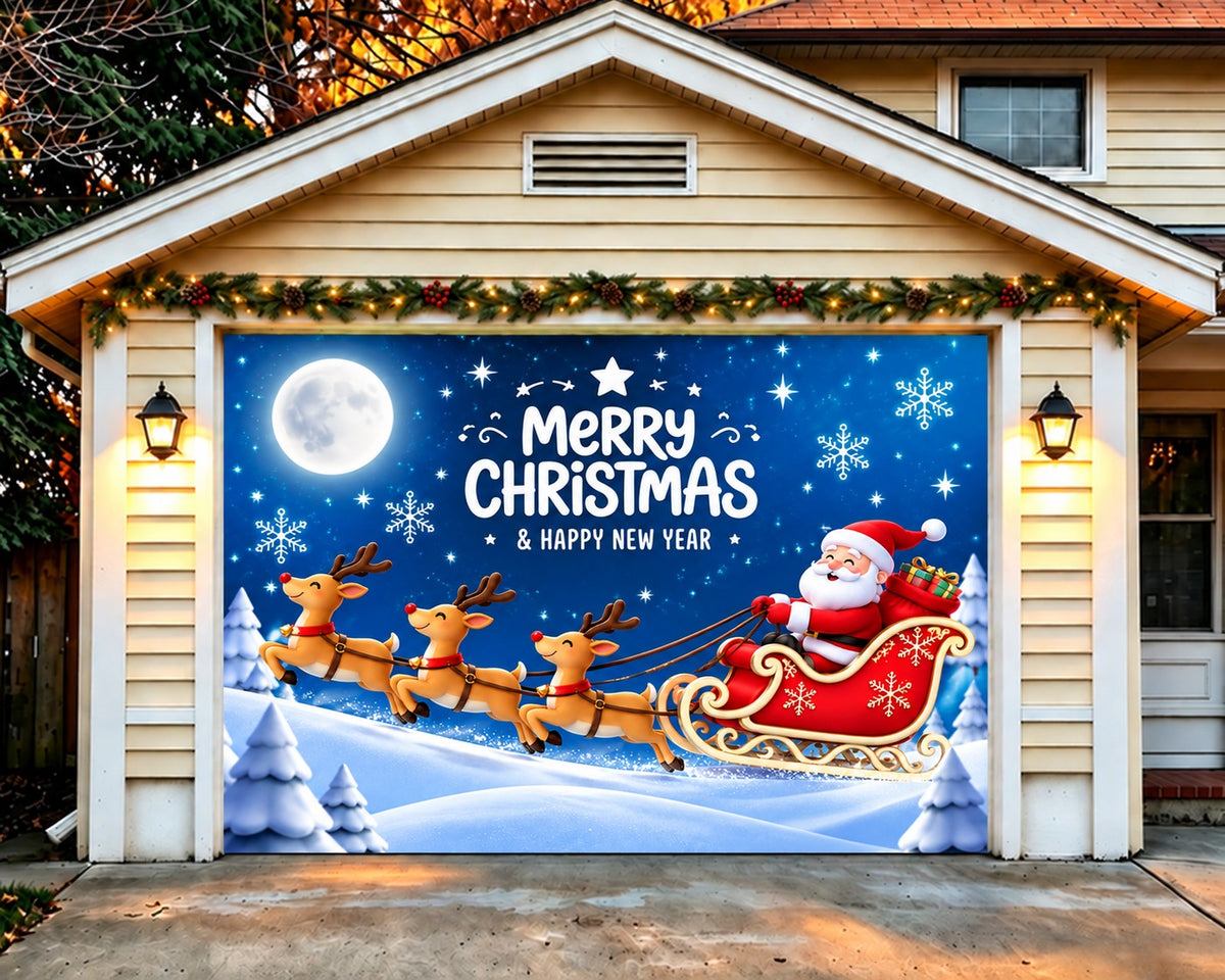 Snowflake Christmas Garage Door Banner Moonlit Santa Reindeer Christmas Garage Door Banner Decoration HQ610-57-1 Car