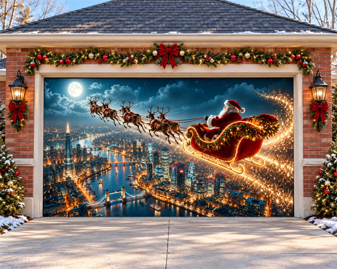 Santa Reindeer Christmas Garage Door Banner London Skyline Sleigh Christmas Garage Door Decoration HQ610-59-2 Car
