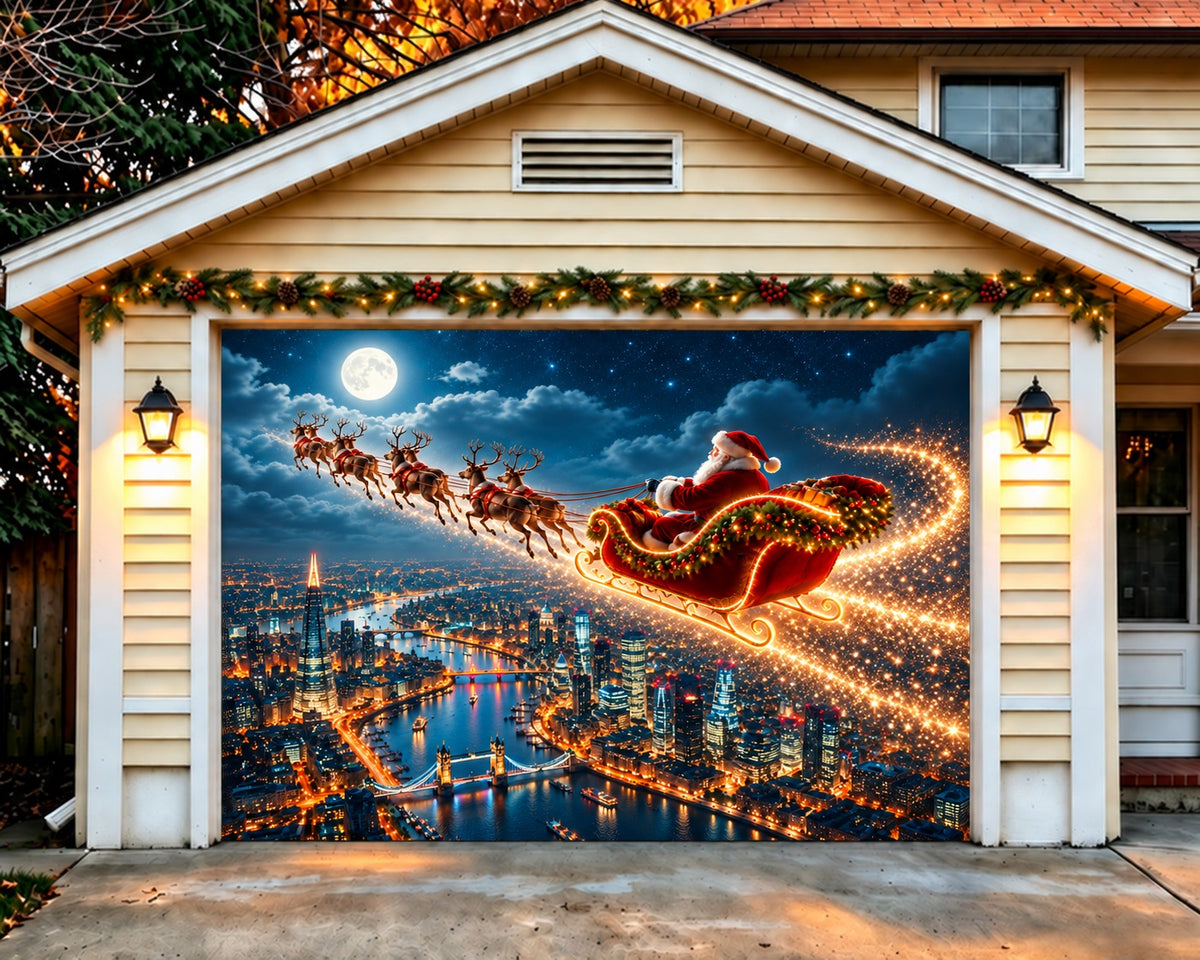 Santa Reindeer Christmas Garage Door Banner London Skyline Sleigh Christmas Garage Door Decoration HQ610-59-1 Car