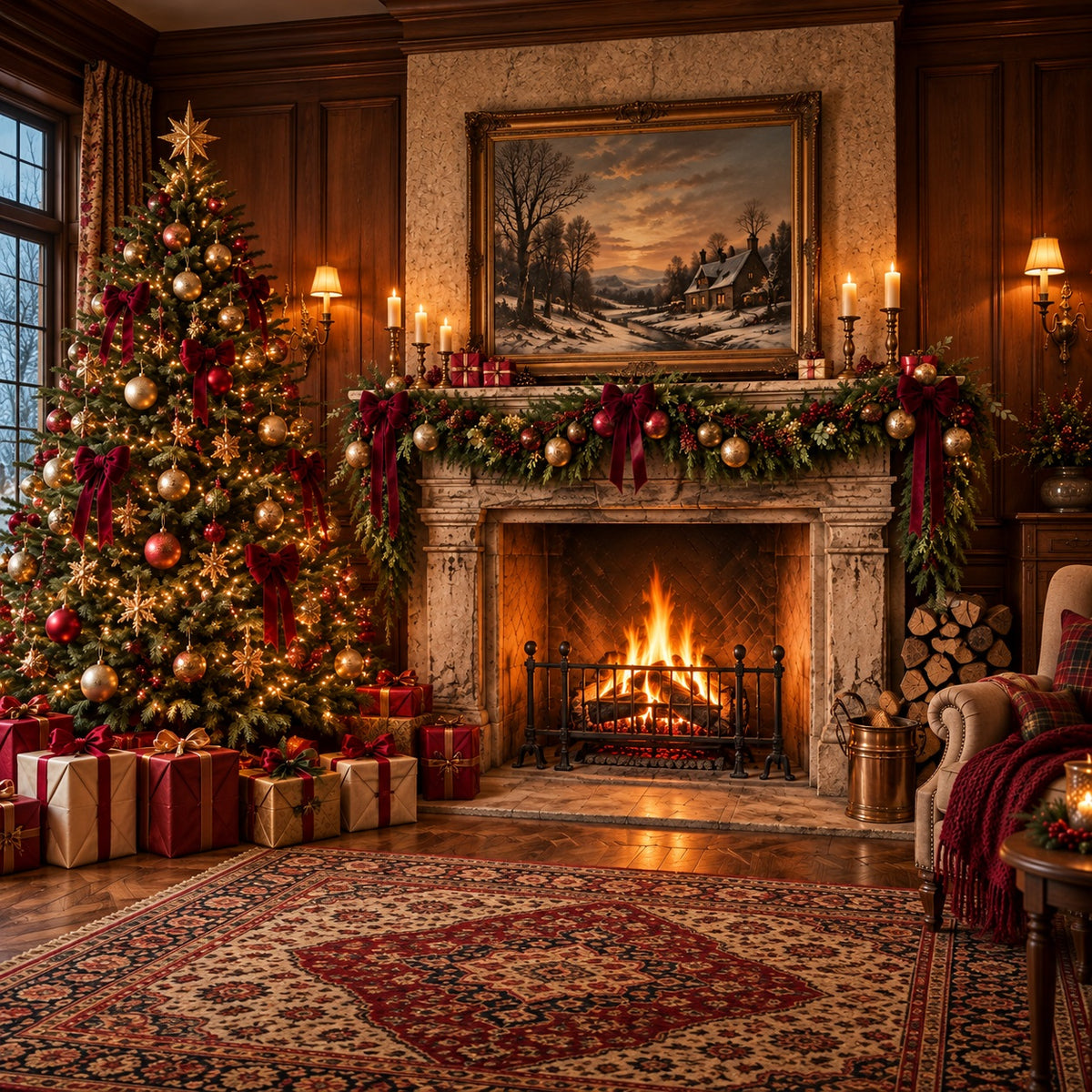 Fireplace Christmas Garage Door Cover Cozy Tree Gifts Christmas Garage Door Decor HQ610-60-1 Car