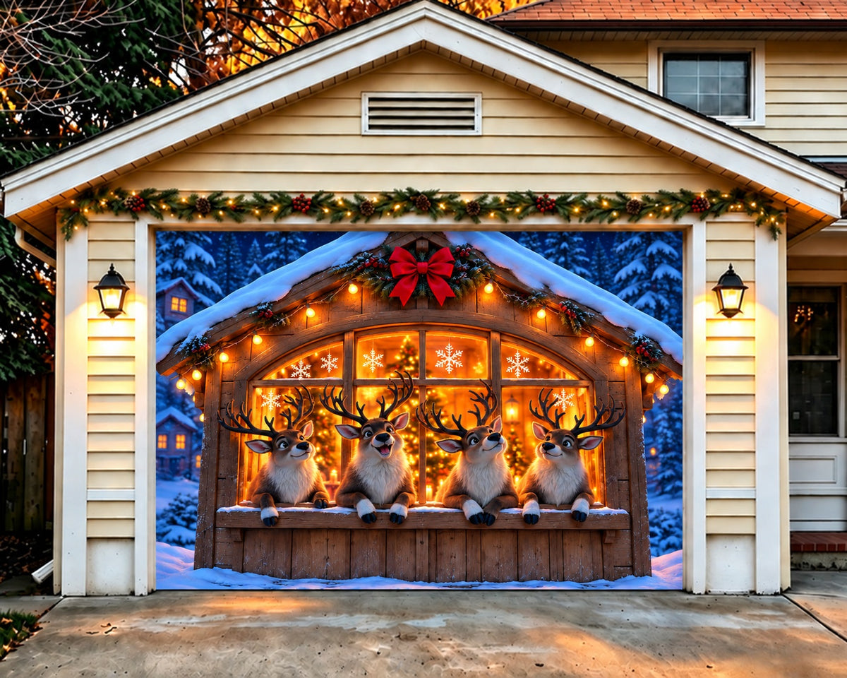 Deer Christmas Garage Door Banner Reindeer Barn Window Christmas Garage Door Banner HQ610-61-1 Car