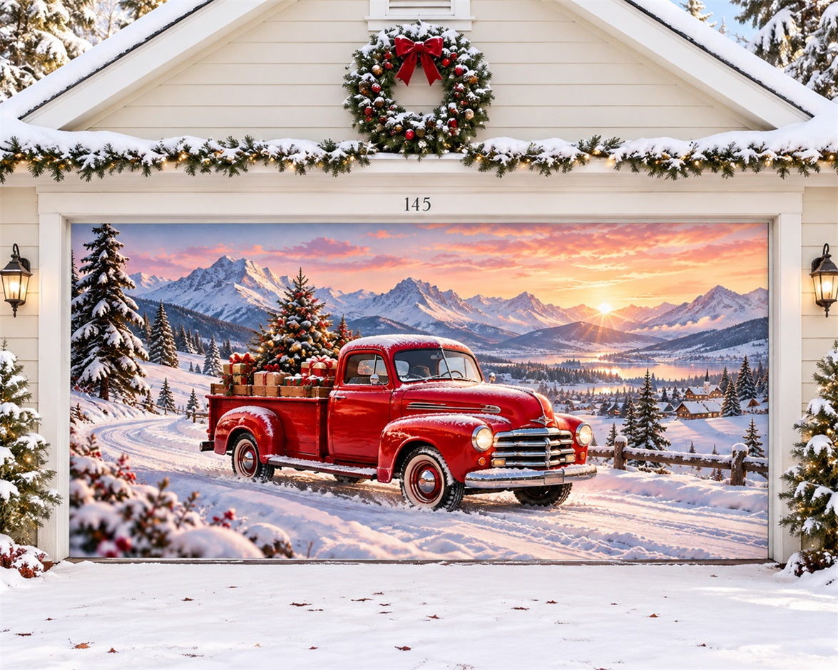 Red Truck Christmas Garage Door Cover Snowy Forest Mountains Outdoor Christmas Garage Door Cover HQ610-63-2 Car