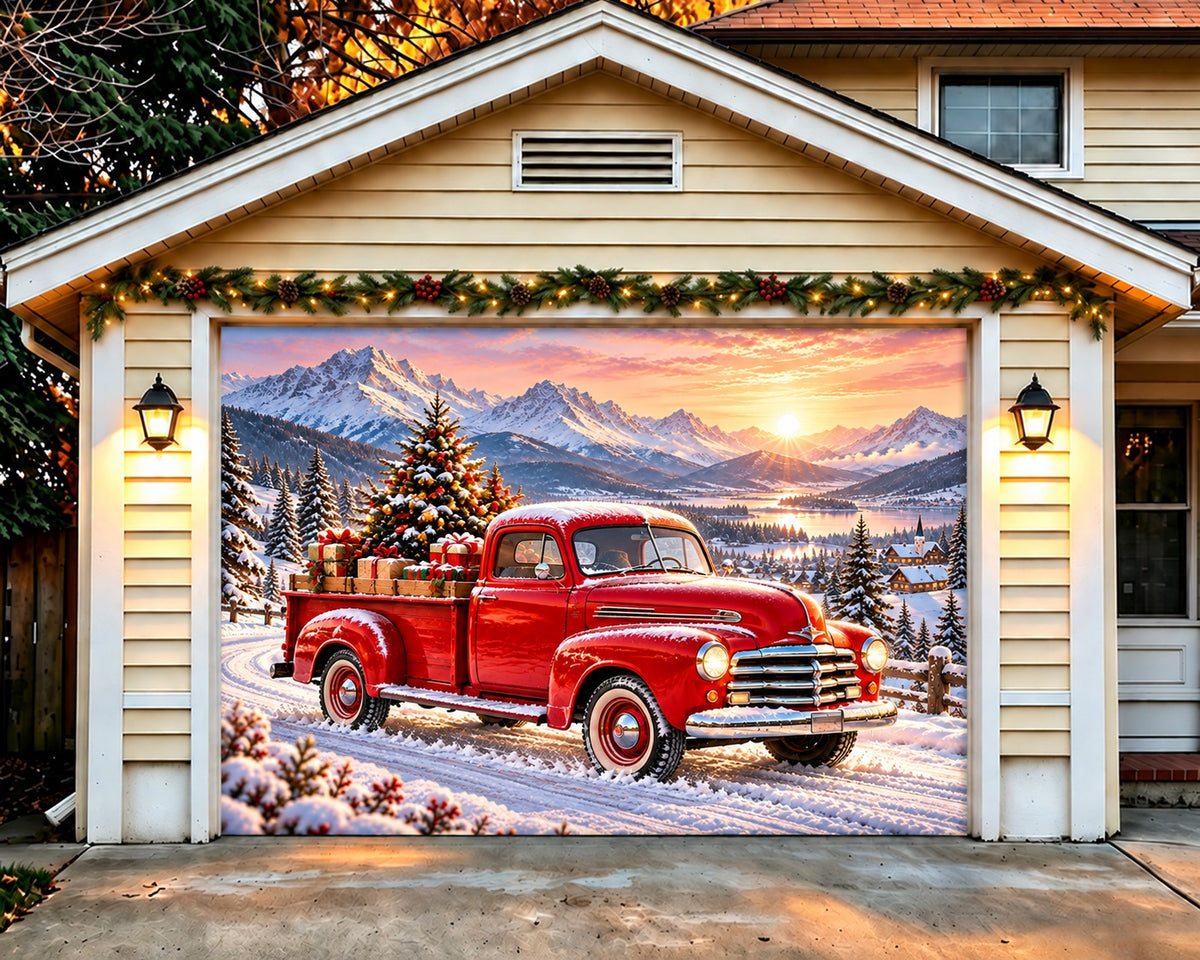 Red Truck Christmas Garage Door Cover Snowy Forest Mountains Outdoor Christmas Garage Door Cover HQ610-63-1 Car