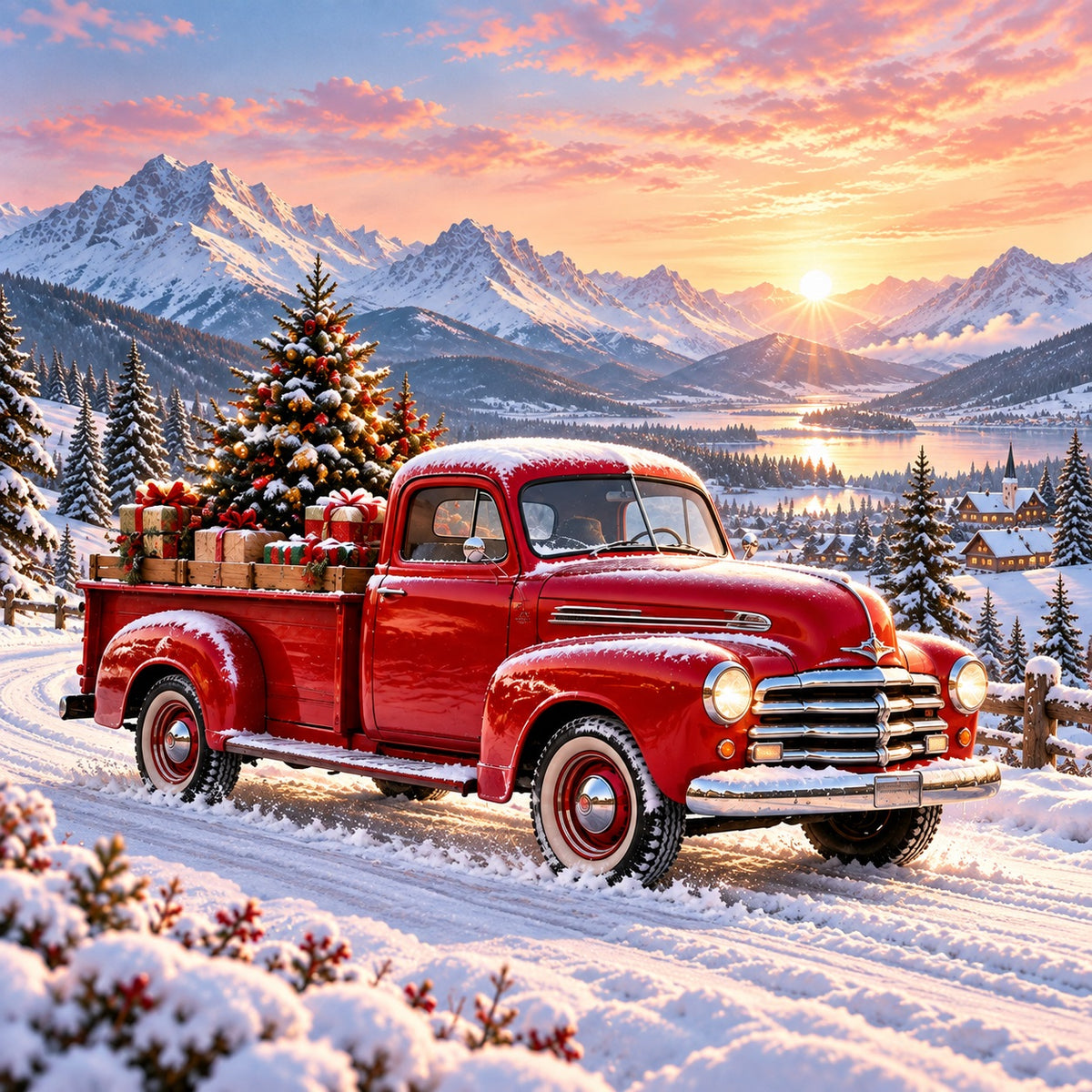 Red Truck Christmas Garage Door Cover Snowy Forest Mountains Outdoor Christmas Garage Door Cover HQ610-63-1 Car