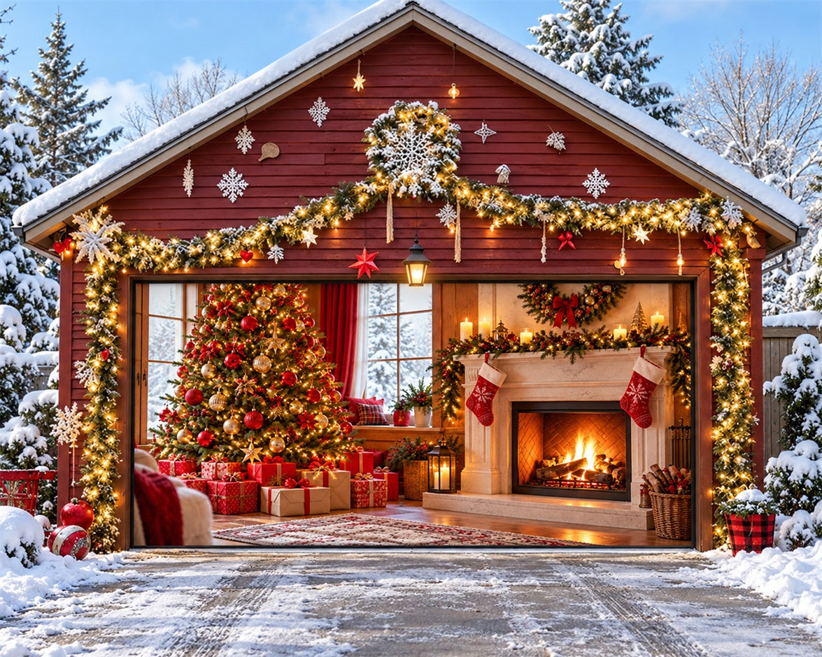Cozy Christmas Garage Door Cover Fireplace Tree Window Christmas Garage Door Decor HQ610-65-2 Car