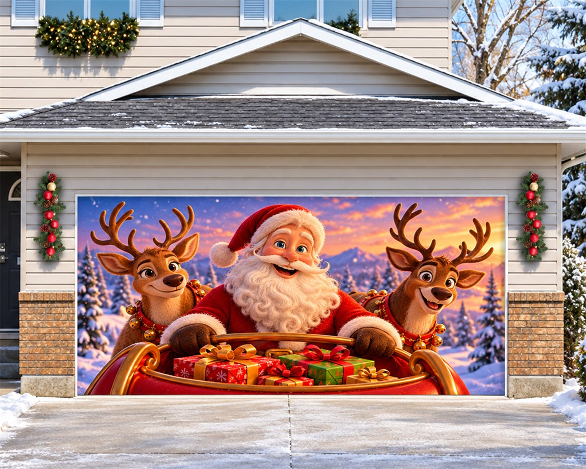 Santa Reindeer Christmas Garage Door Banner Snowy Sleigh Forest Christmas Garage Door Cover HQ610-67-2 Car
