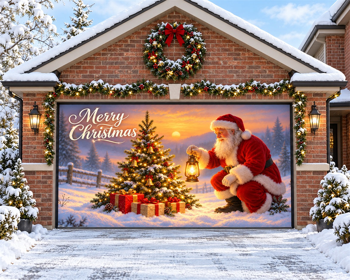 Santa Claus Christmas Garage Door Cover Present Tree Lantern Christmas Garage Door Banner HQ610-70-2 Car