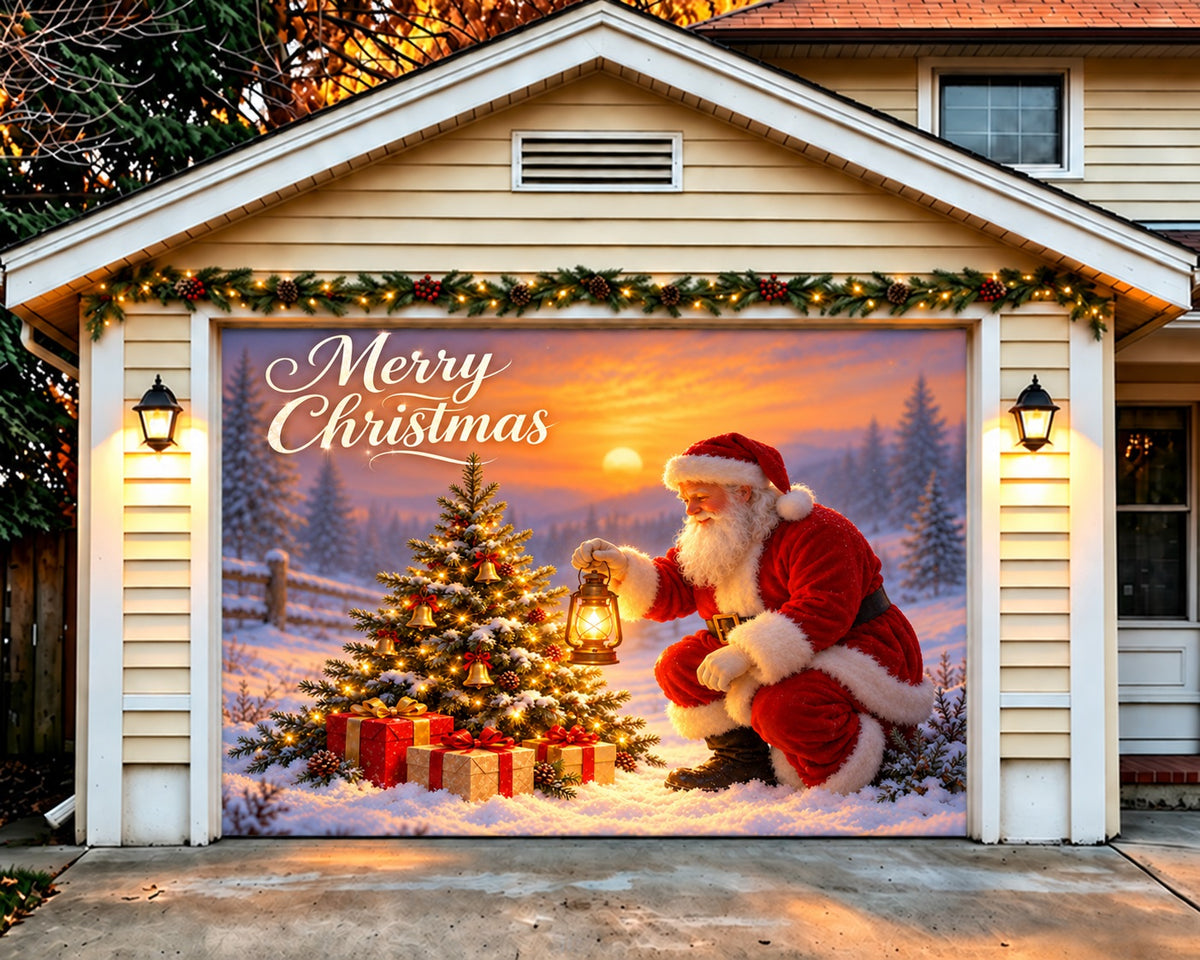 Santa Claus Christmas Garage Door Cover Present Tree Lantern Christmas Garage Door Banner HQ610-70-1 Car