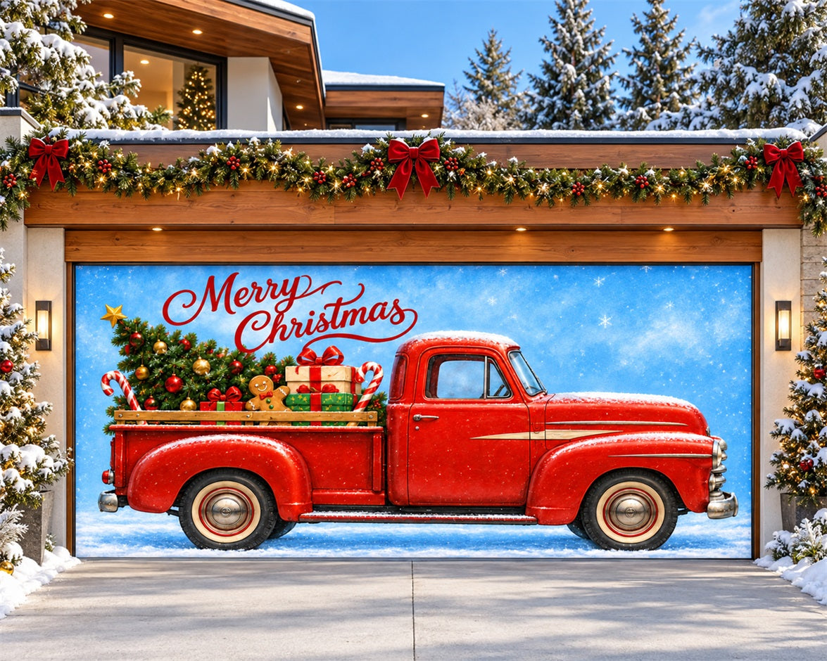 Red Truck Christmas Garage Door Cover Vintage Gingerbread Gifts Christmas Holiday Garage Door Cover HQ610-73-2 Car