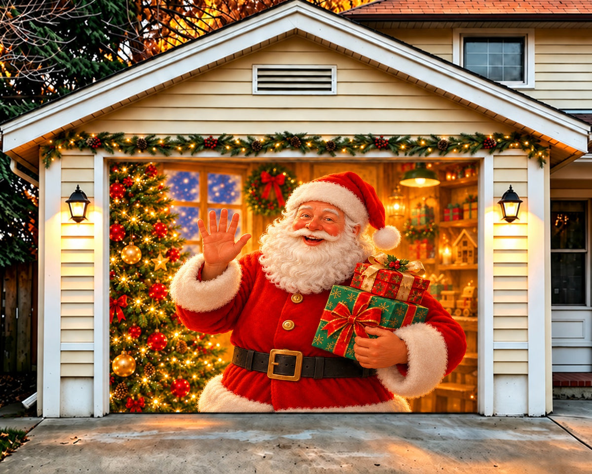 Santa Christmas Garage Door Cover Waving Gifts Workshop Christmas Garage Door Decor HQ610-74-1 Car