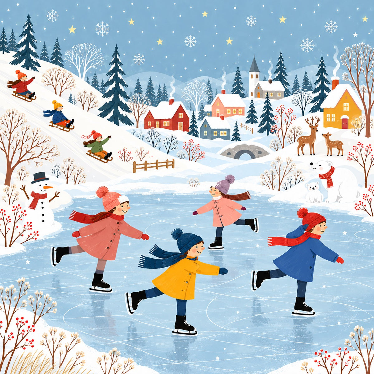 Winter Christmas Garage Door Cover Snowy Village Skating Christmas Outdoor Garage Door Decor HQ610-83-1 Car