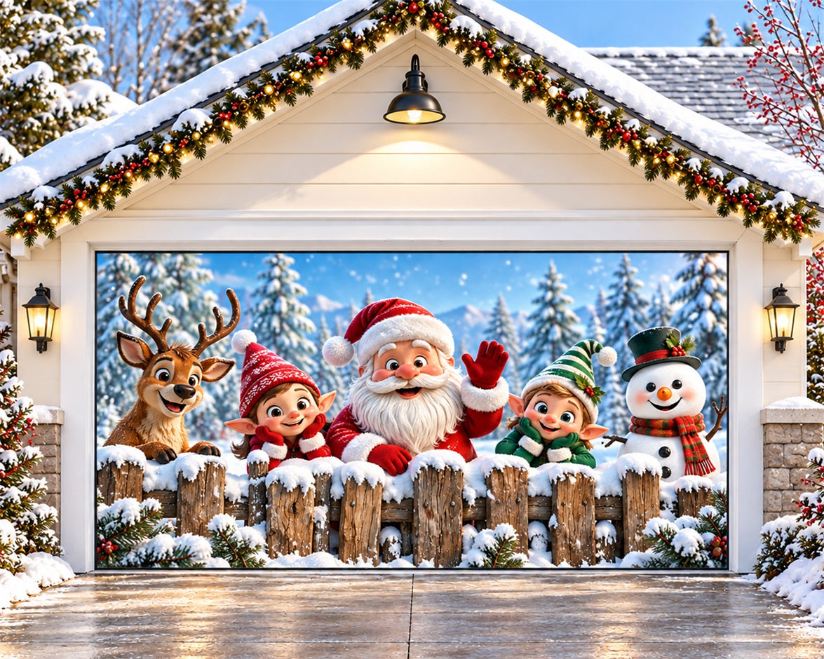 Santa Christmas Garage Door Cover Snowy Elf Gathering Christmas Garage Door Banner HQ610-88-2 Car