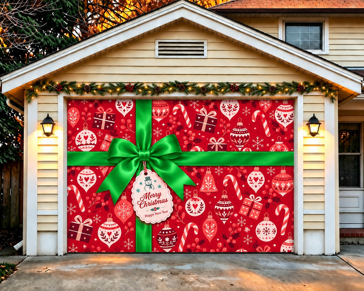 Christmas Gift Box Garage Door Banner Green Bow Ornaments Outdoor Christmas Garage Door Cover HQ610-9-1 Car