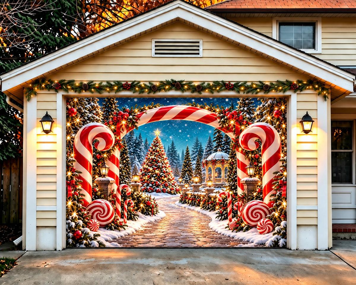 Candy Cane Christmas Garage Door Cover Snow Forest Archway Christmas Outdoor Garage Door Decor HQ610-92-1 Car