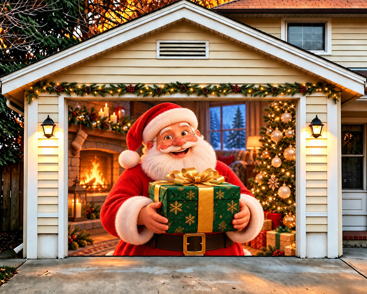 Santa Fireplace Christmas Garage Door Cover Cozy Gift Presentation Christmas Garage Door Cover HQ610-94-1 Car