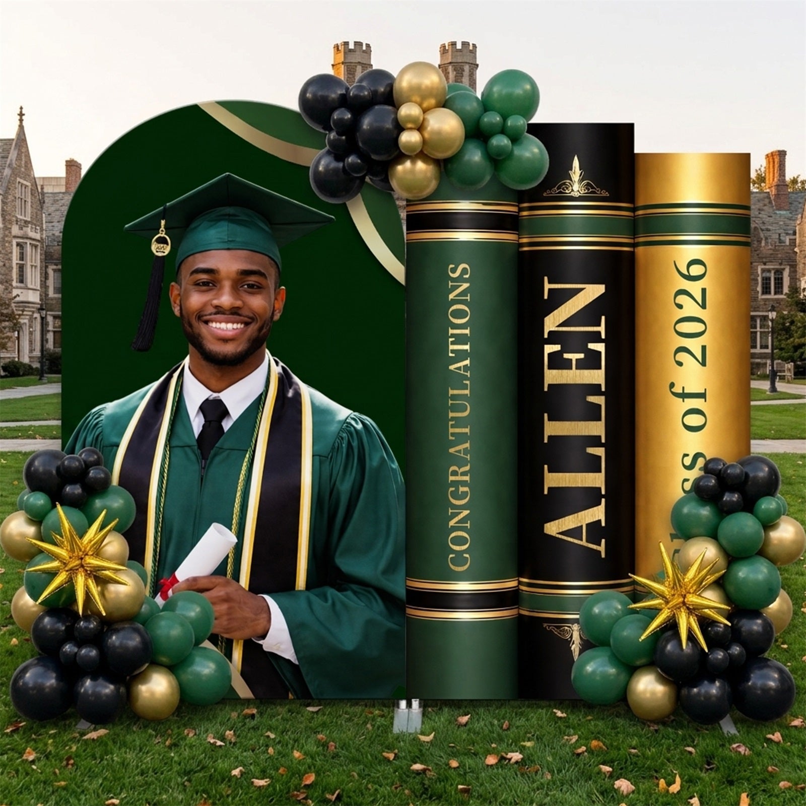 Graduation Backdrop Set Green Gold Book Arch Grad Custom Graduation Backdrop LX64-32