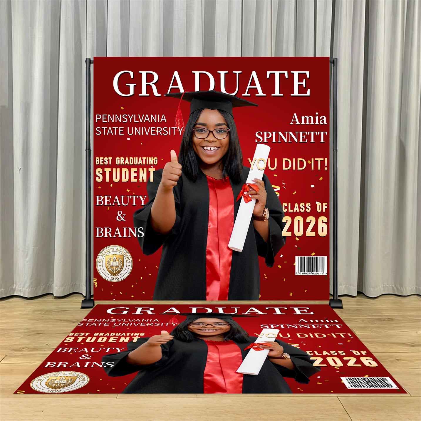 Graduation Backdrop + Floor Decal Red Gold Confetti Grad Graduation Backdrop With Picture LX64-35