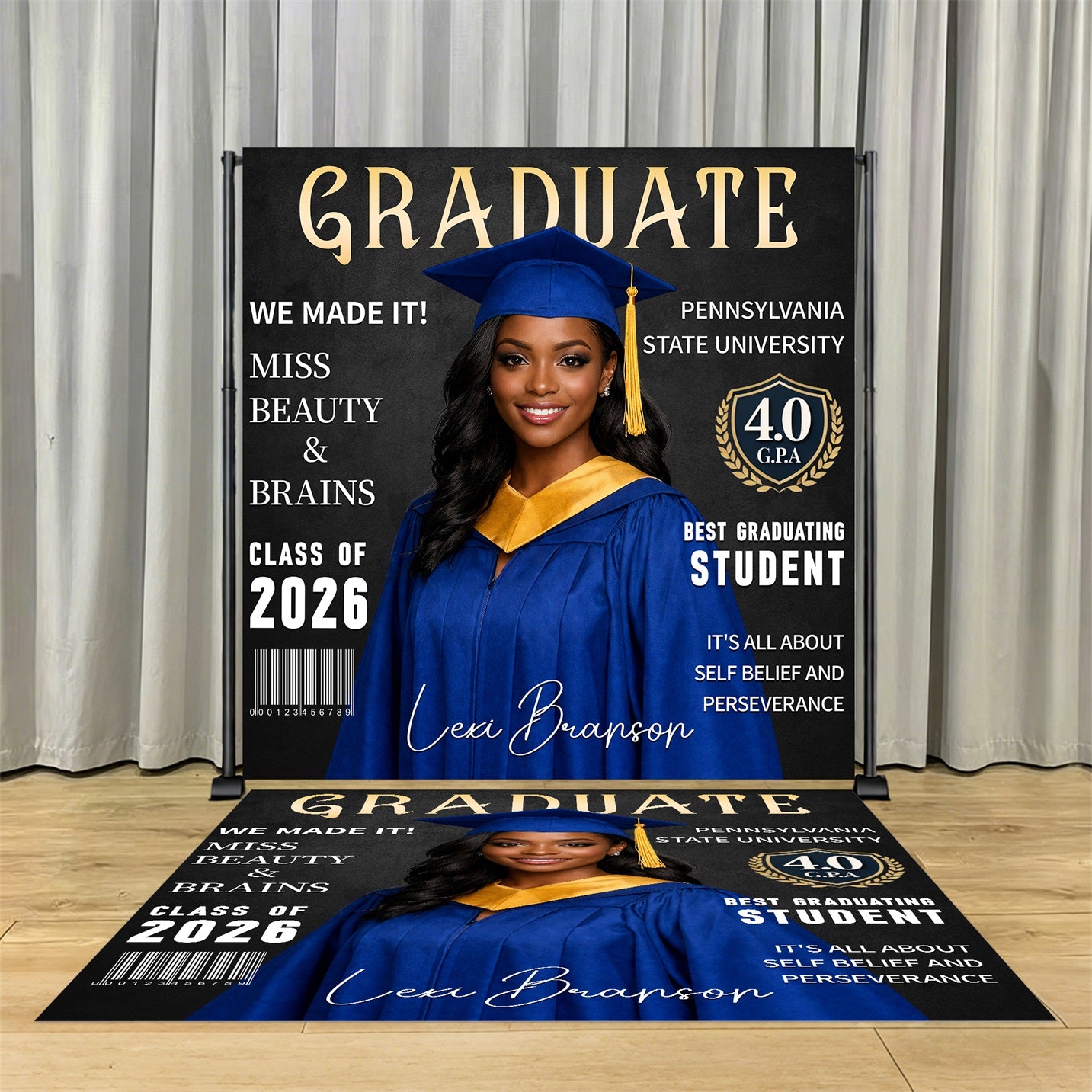 Graduation Backdrop + Floor Decal Black Gold Magazine Grad Graduation Photo Booth Backdrop LX64-37