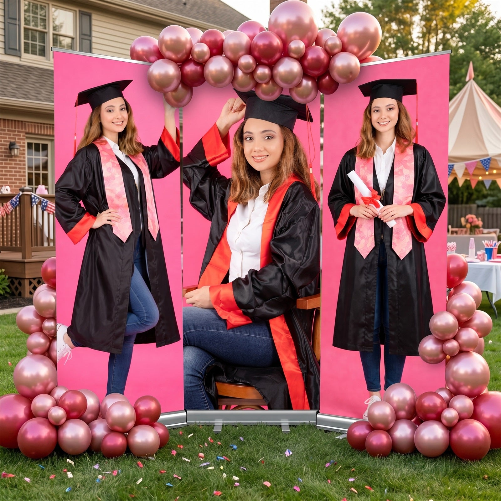 Graduation Retractable Banner Set Pink Grad Studio Banner Graduation Ceremony Backdrop LX64-41