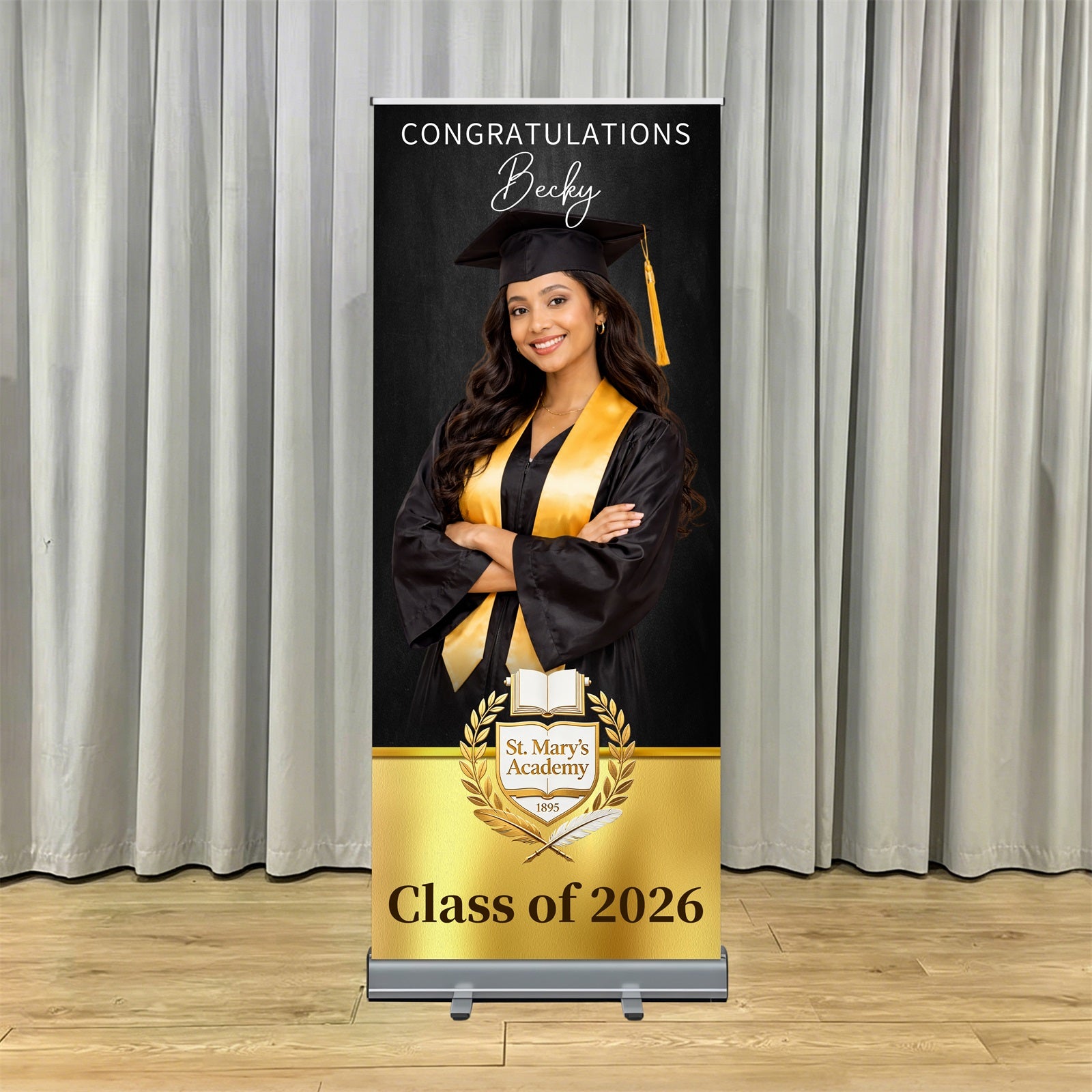 Graduation Retractable Backdrop Black Gold Becky Grad Graduation Backdrop For Stage LX64-44