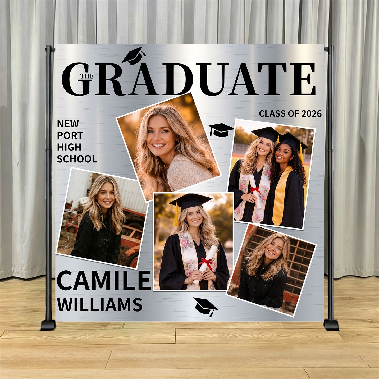 Custom Graduation Backdrop Silver Grad Photo Collage Personalized Graduation Backdrop LX64-46
