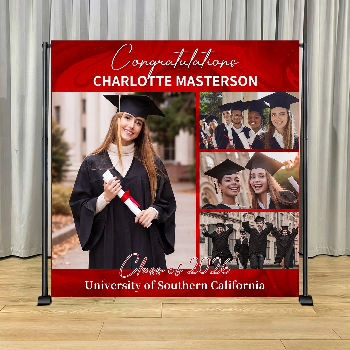Custom Graduation Backdrop Banner Red Swirl Grad Photo Custom Graduation Backdrop LX64-51