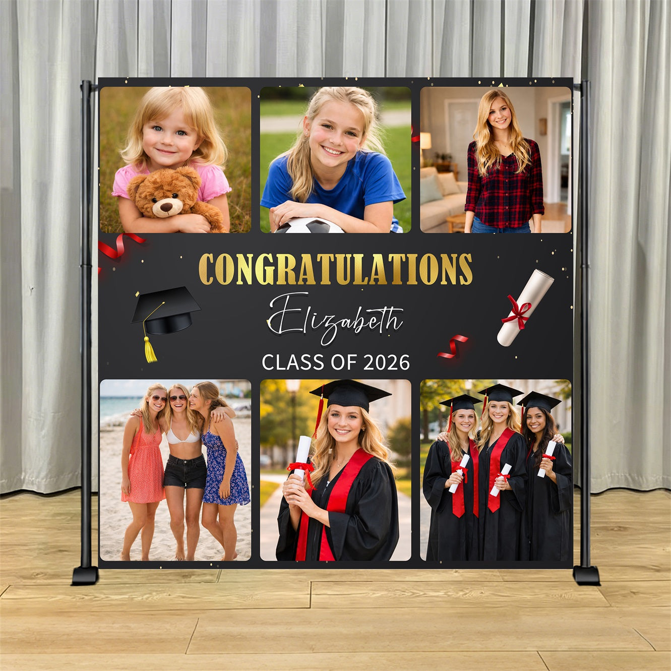 Graduation Backdrop For Stage Black Gold Grad Memory Wall Graduation Event Backdrop LX64-53