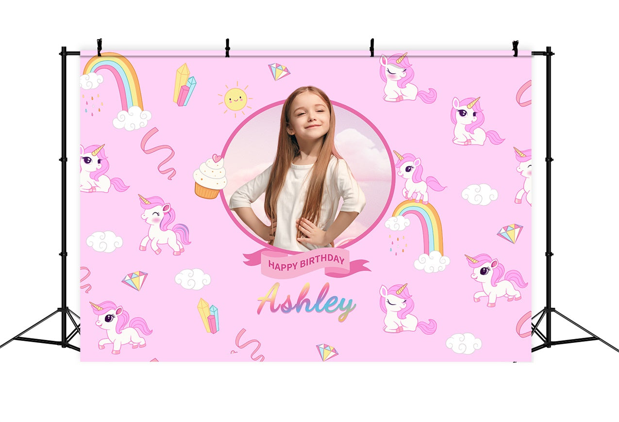 Custom Made Birthday Backdrops Pink Unicorn Rainbow Backdrop LXX1-241