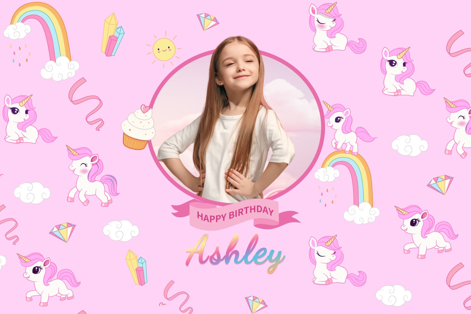 Custom Made Birthday Backdrops Pink Unicorn Rainbow Backdrop LXX1-241