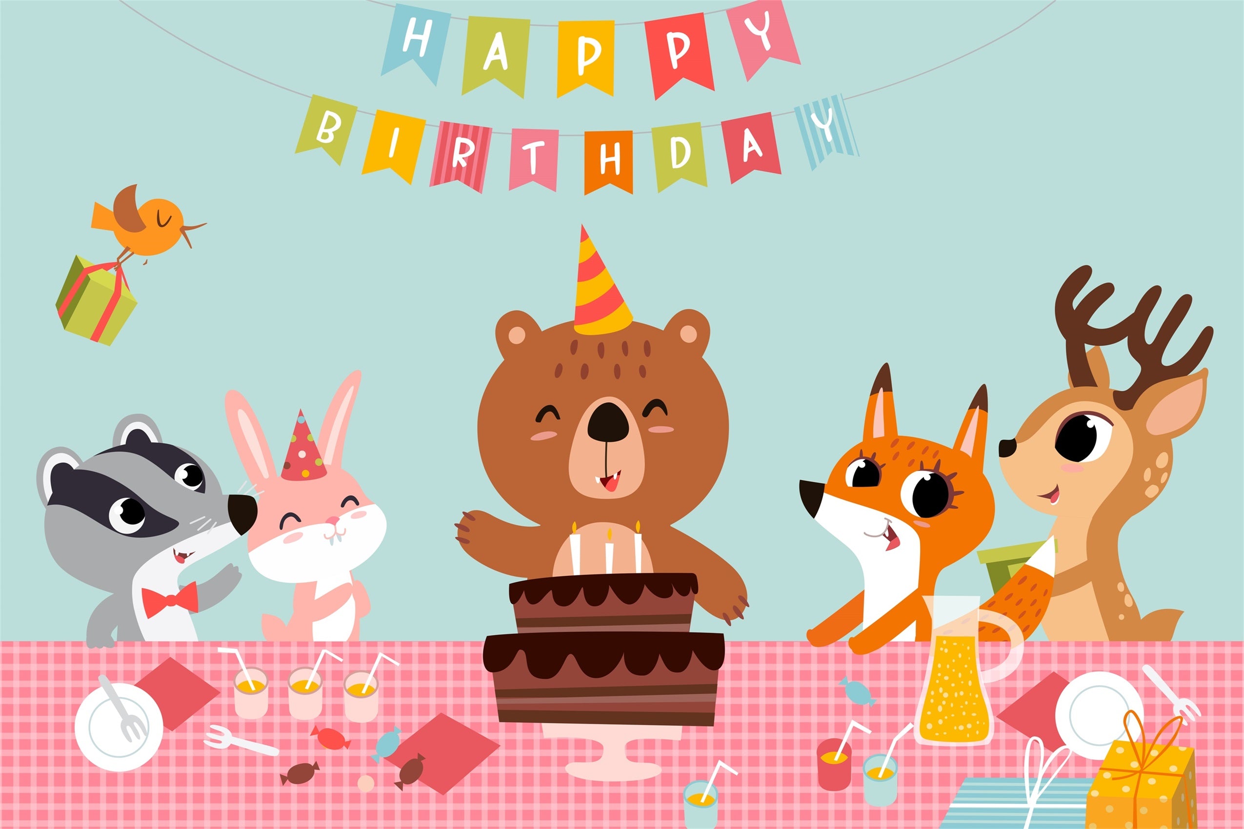 Custom Birthday Party Backdrop Happy Bear Friends Cake Backdrop LXX1-246