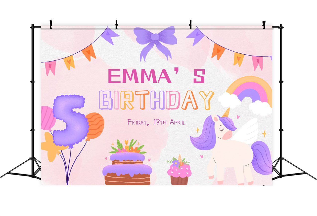 Custom Backdrop Birthday 5th Party Cake Balloons Unicorn Backdrop LXX1-247