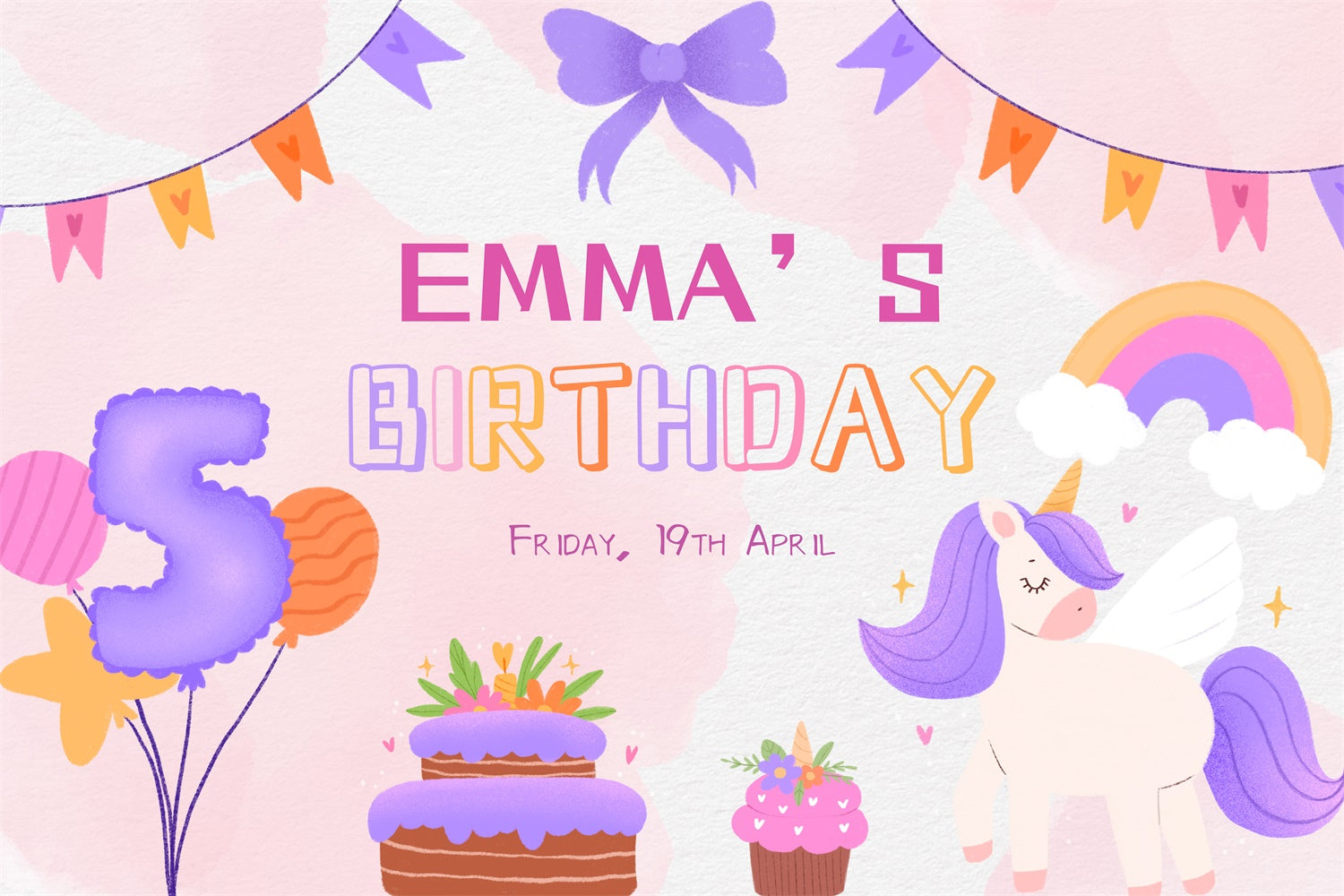 Custom Backdrop Birthday 5th Party Cake Balloons Unicorn Backdrop LXX1-247