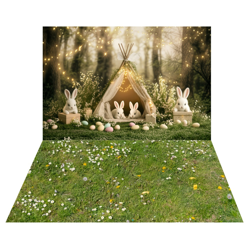 bunny tent Easter Cute Bunny Tent Backdrop+Green Meadow Floor Backdrop LXX2-17, 7'W x 5'H+7'w x 5'H