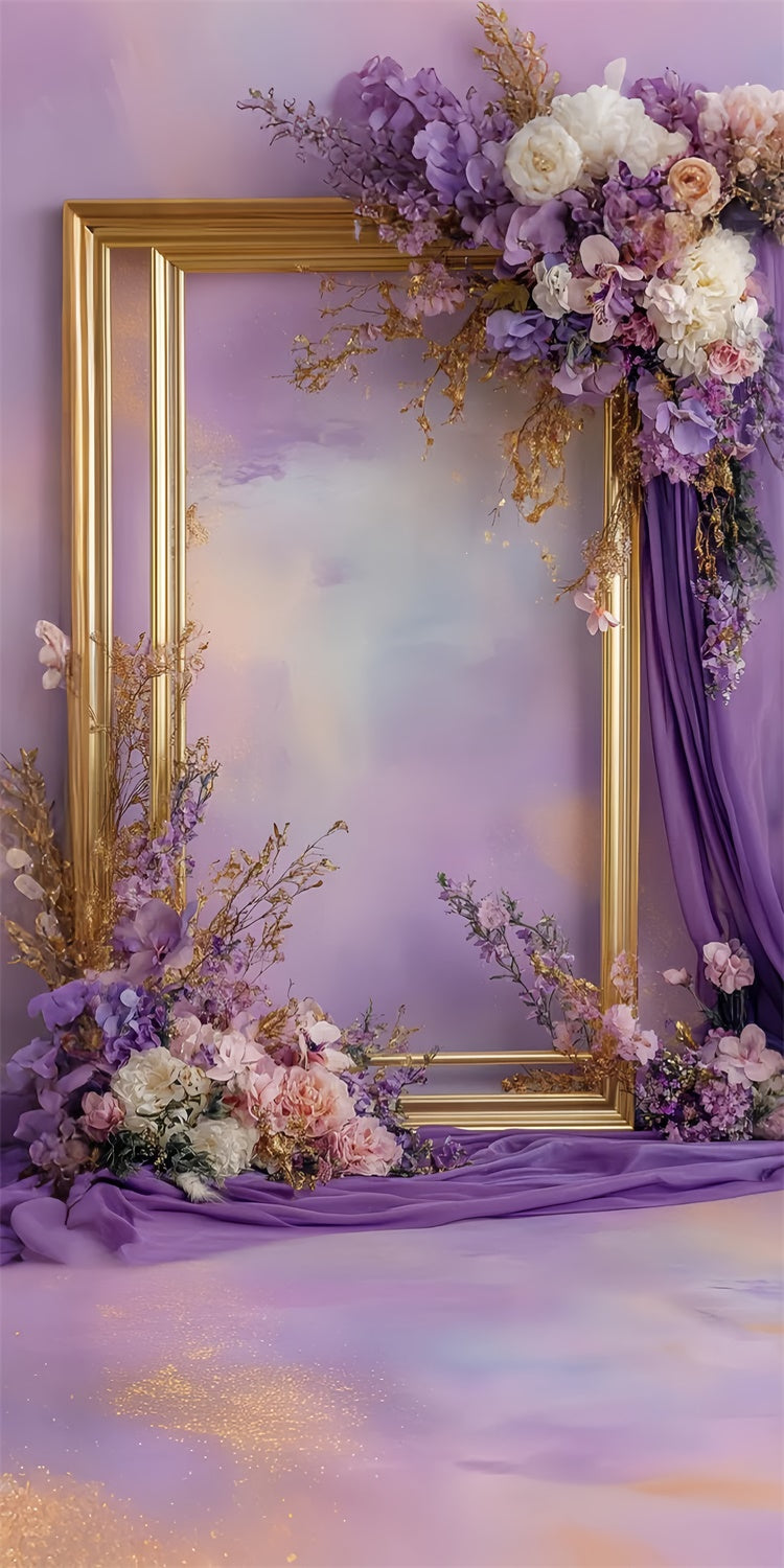 Floral Backdrops Elegant Gold Frame Purple Floral Sweep Backdrop LXX2-282