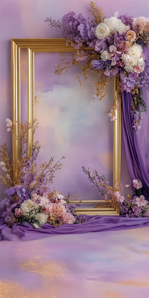 Floral Backdrops Elegant Gold Frame Purple Floral Sweep Backdrop LXX2-282